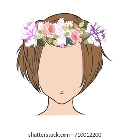 Woman's  Hairstyle Short hair with flower wreath isolated on white.