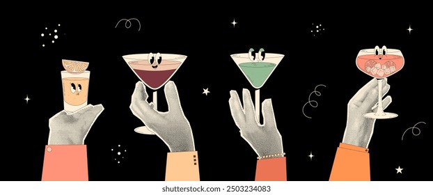 Womans halftone collage hands hold alcoholic cocktails and drinks. Funky characters in retro groovy style. Contemporary newspaper elements on black background.