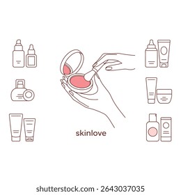 Womans hand applying blush with brush surrounded by skincare products