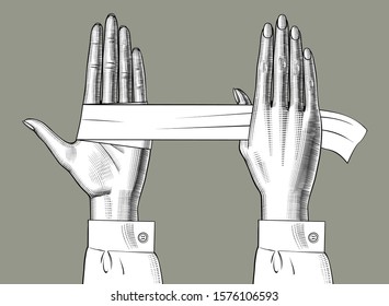 Woman's hand bandage the other hand. Vintage engraving stylized drawing. Vector illustration