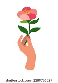 Woman's hand with a beautiful delicate pink flower, raised up, isolated on white. Maiden power. The concept of feminism. The flowering of feminine energy. Vector.