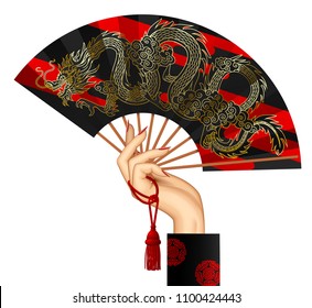 Woman's hand with a black  chinese fan with gold decorative gragon isolated on white. Vector illustration