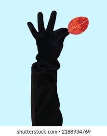 A woman's hand in a black coat and glove holds a red autumn leaf against the blue sky. Vector illustration, isolate, eps 10.
