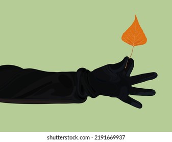 A Woman's Hand In A Black Coat And Glove Holds A Red Poplar Leaf Against The Green Backgraund. Vector Illustration, Isolate, Eps 10.