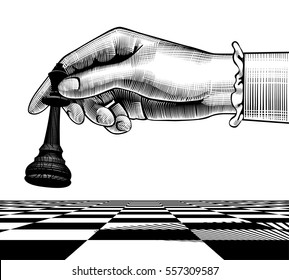 Woman's hand with a black king chess piece. Vintage engraving stylized drawing. Vector illustration