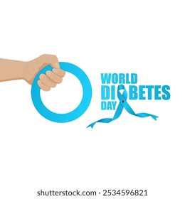 Mano de mujer con anillo azul y cinta azul con gotas de sangre, concepto del Día Mundial de la Diabetes