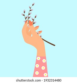 A woman's hand with a branch of an Easter willow. Vector spring illustration. Happy Easter Concept. Poster, postcard, banner, background.