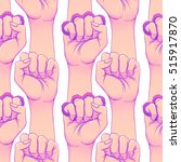 Woman's hand with brass knuckles. Fist raised up. Girl Power. Feminism concept. Realistic style vector illustration in pink and purple pastel goth colors isolated on white. Seamless pattern design. 