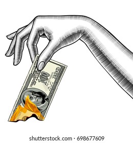 Woman's hand with burning a 100 dollar banknote. Concept of money sharing. Vector illustration