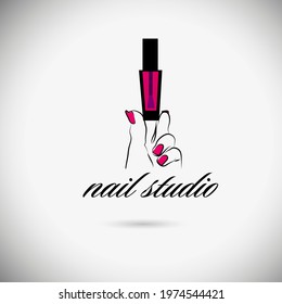 A woman's hand with a can of nail polish. Logo manicure studio. Vector illustration