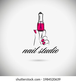 A woman's hand with a can of nail polish. Logo manicure studio. Vector illustration