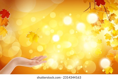 woman's hand catching maple leaves falling in autumn