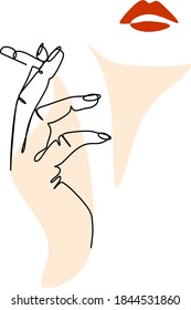 A woman's hand with a cigarette and lips are drawn in one line and spots. Spa services.Beauty salon. Drawing a single line. Minimalism. Print for t-shirts, for coloring. minimalist poster line, modern