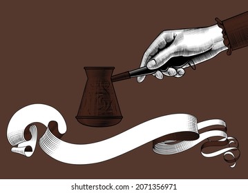 Woman's hand with a coffee arabic Turk. The concept of coffee. Vintage engraving stylized drawing. Vector illustration