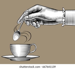 Woman's hand with a coffee cup and spoon. Vintage stylized drawing. Vector illustration