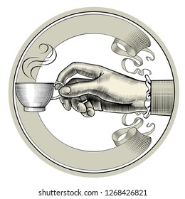 Woman's hand with a coffee cup. Vintage stylized drawing. Vector illustration 