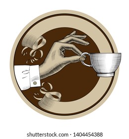 Woman's hand with a coffee cup. Vintage stylized drawing. Vector illustration 