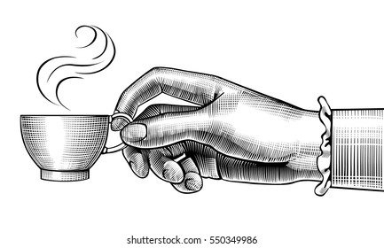 Woman's hand with a coffee cup. Vintage stylized drawing. Vector illustration