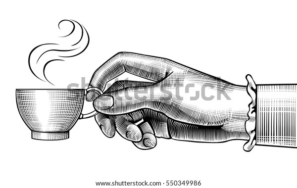 コーヒーカップを持つ女性の手 ビンテージのスタイル化された図面 ベクターイラスト のベクター画像素材 ロイヤリティフリー