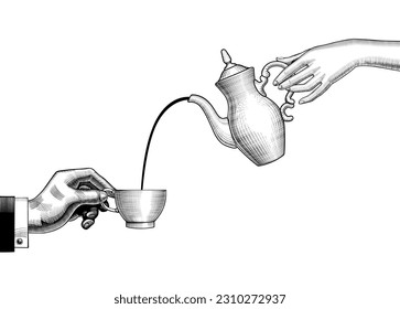 A woman's hand with a coffee pot pours coffee into a cup. The topic of coffee making. Vintage stylized drawing for a coffee shop. Vector illustration