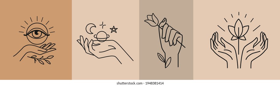 Womans hand collection line hands of different gestures. Lineart for beauty studio, posters, cards, tattoo elements