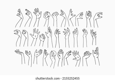 Womans hand collection line set bundle. Vector feminine Illustrations of female hands of different gestures. Lineart in a trendy minimalist style. Logo design, hand cream, nail Studio, posters,cards.