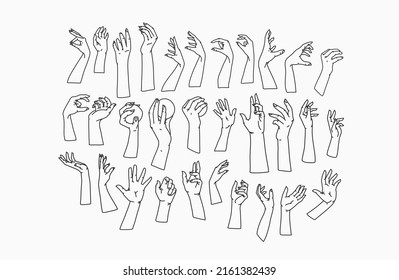 Womans Hand Collection Line Set Bundle. Vector Feminine Illustrations Of Female Hands Of Different Gestures. Lineart In A Trendy Minimalist Style. Logo Design, Hand Cream, Nail Studio, Posters,cards.