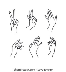 Woman's hand collection line. Vector Illustration of female hands of different gestures - victory, okay. Lineart in a trendy minimalist style. Logo design, hand cream, nail Studio, posters, cards.