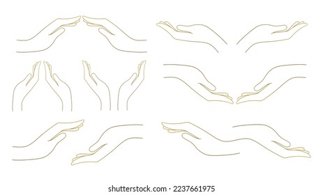 Woman's hand collection line. Vector Illustration of female hands of different gestures. Lineart in a trendy minimalist style. Logo design, hand cream, nail Studio, posters, cards. 10 EPS.