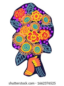 La mano de una mujer con uñas y pulseras de colores sosteniendo un hermoso ramo de flores coloridas y floridas. Ilustración vectorial sobre fondo blanco. 