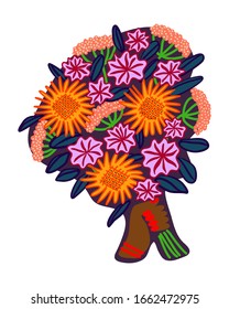 Woman's hand with colored nails and bracelets holding a large beautiful bouquet of colorful blooming flowers. Vector illustration on white background. 