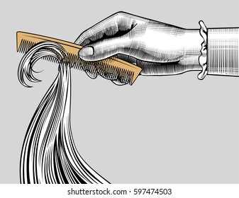 Woman's hand combing hair with a retro comb. Vintage engraving stylized drawing. Vector illustration