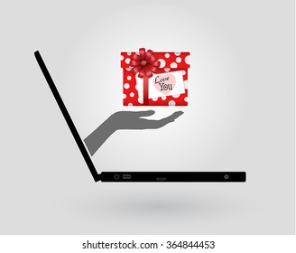 a woman's hand comes out of a laptop screen and gives a gift