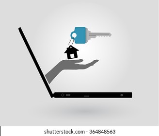 a woman's hand comes out of a laptop screen and gives a a house key