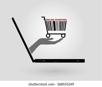 a woman's hand comes out of a laptop screen and gives a symbol of  code bar