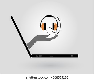 a woman's hand comes out of a laptop screen and gives a headphone