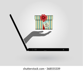 a woman's hand comes out of a laptop screen and gives a gift