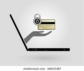 a woman's hand comes out of a laptop screen and gives a gold credit card