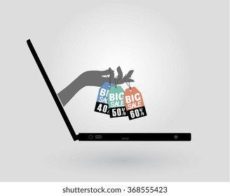 a woman's hand comes out of a laptop screen and gives sales promo stickers