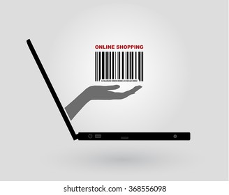 a woman's hand comes out of a laptop screen and gives a symbol of  code bar