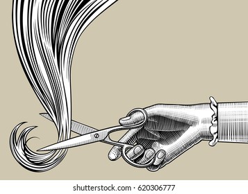 Woman's Hand Cutting Hair With Scissors. Vintage Engraving Stylized Drawing. Vector Illustration