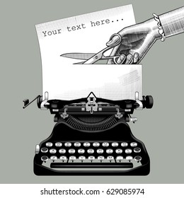 Woman's hand cutting a paper with scissors inserted into an old typewriter. Censorship concept and metaphor in retro style. Vintage engraving stylized 
drawing. Vector illustration