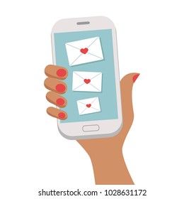 Woman's hand with dark skin and manicure holding smartphone with love messages on screen. Vector illustration