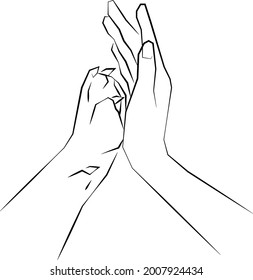 Woman's hand and dog's paw. Friendship. Drawing with sharp corners. Chopped lines 