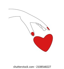 Woman's hand is dropping heart. Vector outline illustration. Female palm throws heart