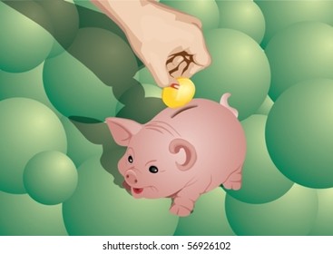 Woman's hand drops the coin into piggy bank