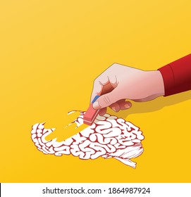 Woman's hand erases the brain with an eraser on a yellow background. The concept of clearing the mind and thoughts. Intelligence or stupidity, change of consciousness. Loss of memory or forgetfulness