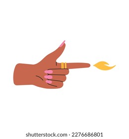 Woman's hand with a fire flame. Expressive gesture, cool golden jewelry and pink manicure. Hot design. Hand drawn vector illustration isolated on white background.