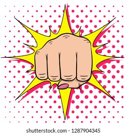 A woman's hand fist. Pop art background. Comic cartoon style. Vector illustration.