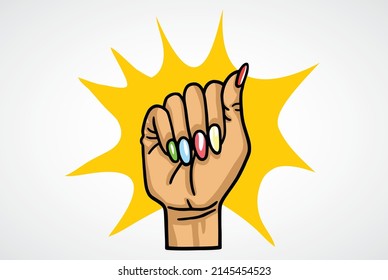 Woman's Hand Fist Raised Up Colorful Nail. Girl Power. Feminism Concept. Vector Illustration Drawing Graphic Design Art